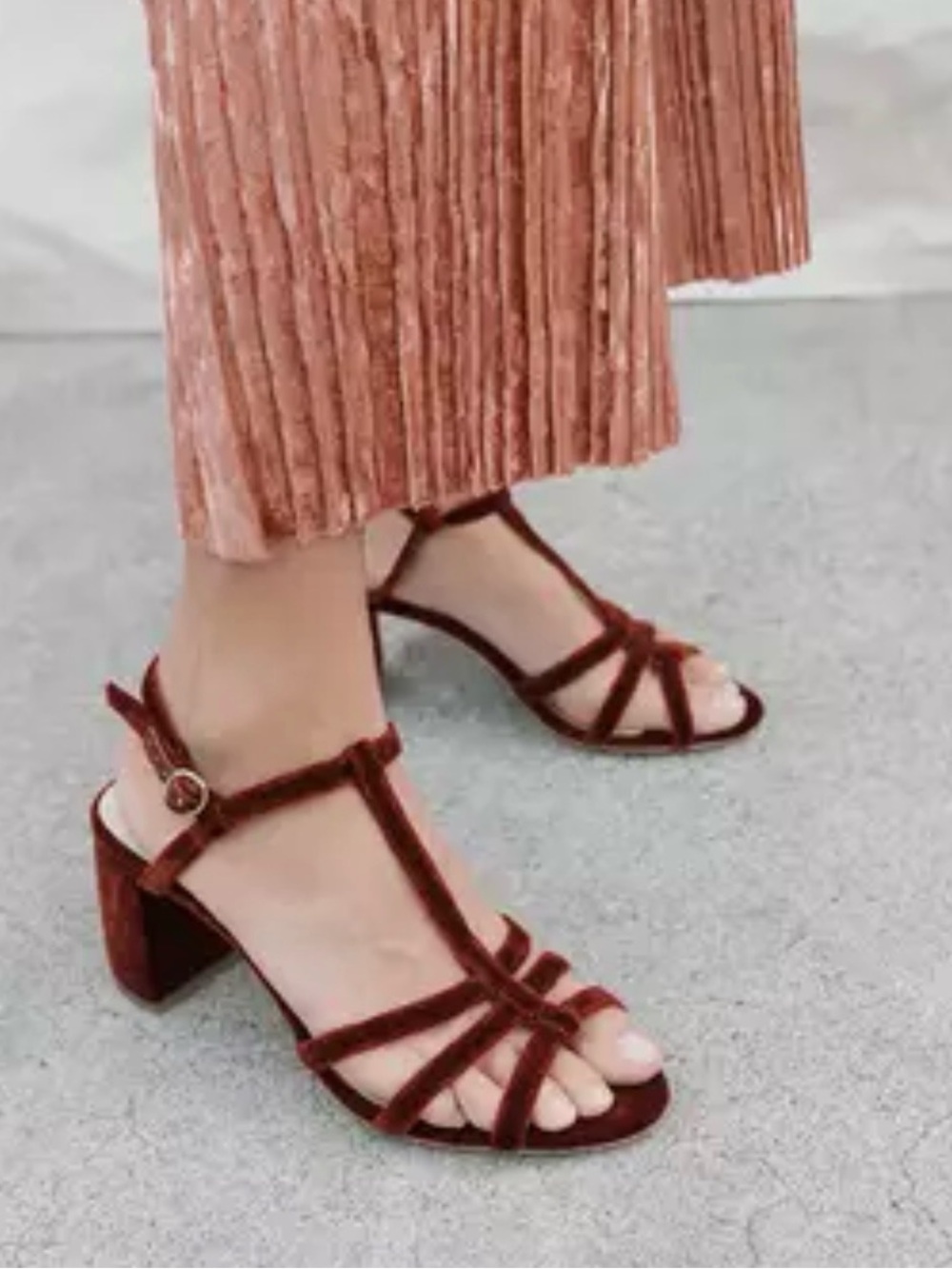 Loeffler Randall Burgundy Velvet Strappy Block Heel Sandals